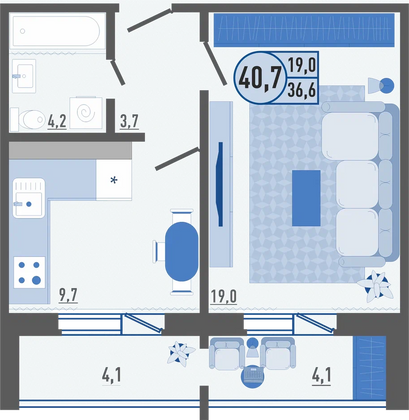 40,7 м², 1-комн. квартира, 1/16 этаж