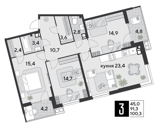 Продажа 3-комнатной квартиры 100,3 м², 5/18 этаж