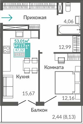 47,3 м², 1-комн. квартира, 9/9 этаж