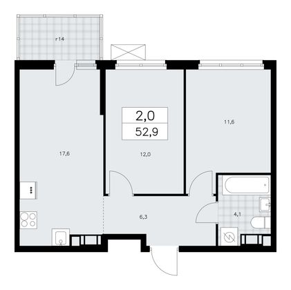 52,9 м², 2-комн. квартира, 6/11 этаж