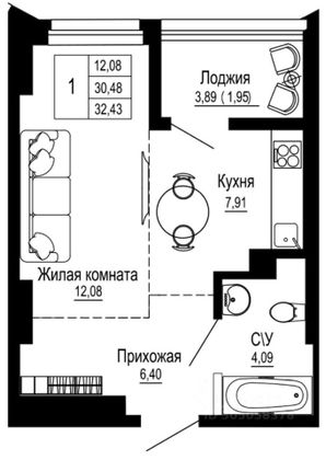 Продажа 1-комнатной квартиры 32,4 м², 18/24 этаж