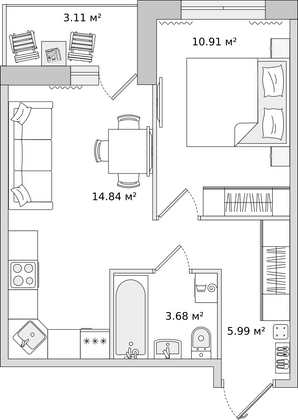 40 м², 1-комн. квартира, 3/15 этаж