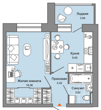 34 м², 1-комн. квартира, 4/4 этаж