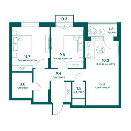 53,8 м², 2-комн. квартира, 2/5 этаж