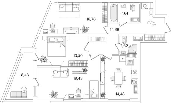 90,6 м², 3-комн. квартира, 15/17 этаж