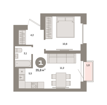 Продажа 1-комнатной квартиры 35,8 м², 29/31 этаж