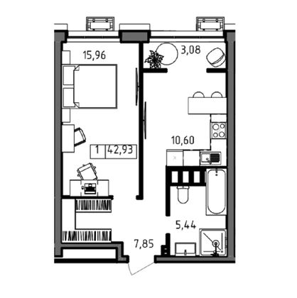 Продажа 1-комнатной квартиры 42,9 м², 22/23 этаж