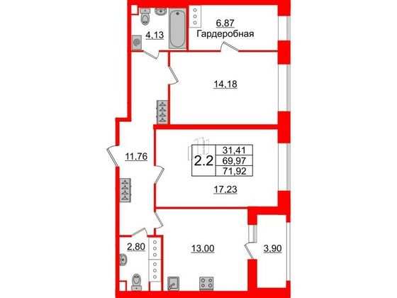 Продажа 2-комнатной квартиры 70 м², 20/21 этаж