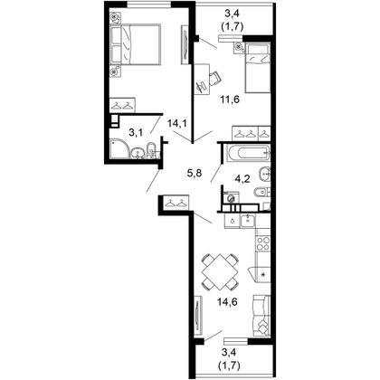 56,8 м², 2-комн. квартира, 8/17 этаж