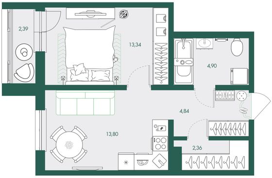 42,2 м², 1-комн. квартира, 3/13 этаж