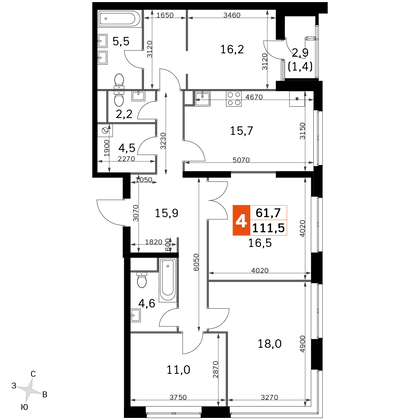 111,5 м², 4-комн. квартира, 24/30 этаж