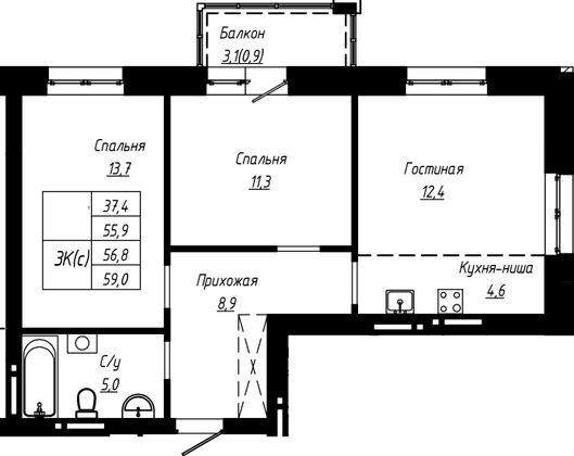 Продажа 3-комнатной квартиры 56,8 м², 9/16 этаж