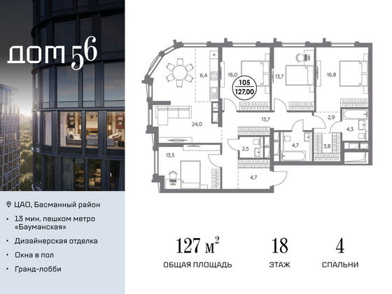 127 м², 4-комн. квартира, 18/20 этаж