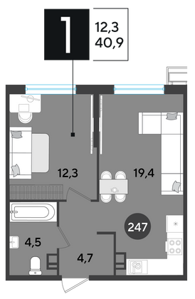 Продажа 1-комнатной квартиры 40,9 м², 3/9 этаж