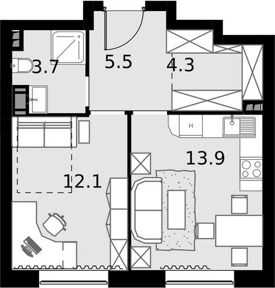 39,5 м², 1-комн. квартира, 5/28 этаж