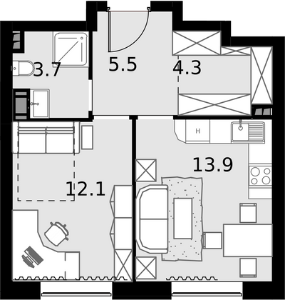 39,5 м², 1-комн. квартира, 7/28 этаж