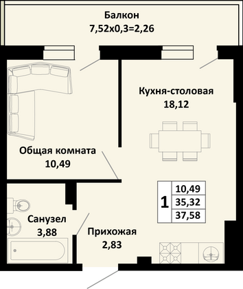 37,6 м², 1-комн. квартира, 2/4 этаж