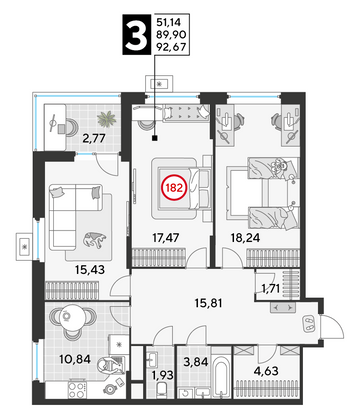 Продажа 3-комнатной квартиры 92,7 м², 16/25 этаж