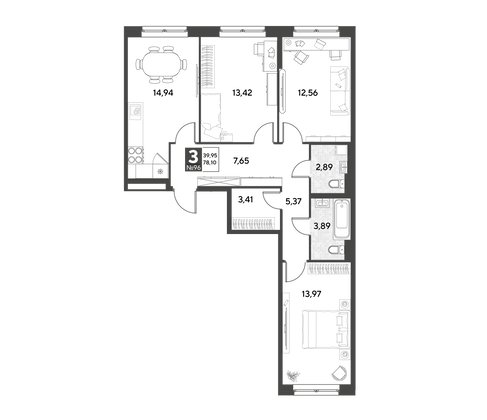 Продажа 3-комнатной квартиры 78,1 м², 13/25 этаж