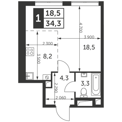 34,3 м², 1-комн. квартира, 45/47 этаж