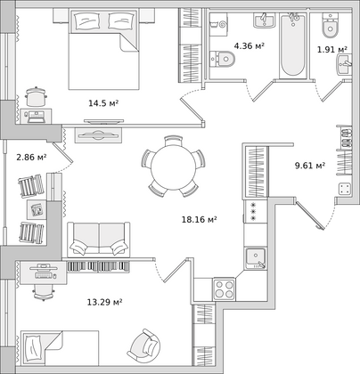 63,2 м², 2-комн. квартира, 14/22 этаж