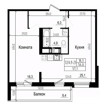 Продажа 1-комнатной квартиры 54,6 м², 10/23 этаж
