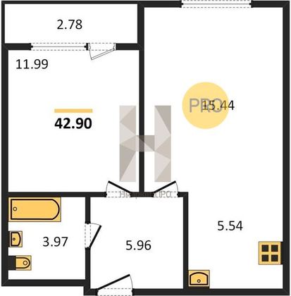 Продажа 1-комнатной квартиры 42,9 м², 19/25 этаж