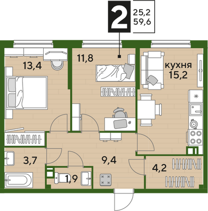 Продажа 2-комнатной квартиры 59,6 м², 5/19 этаж