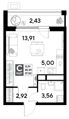 Продажа квартиры-студии 27,8 м², 4/25 этаж