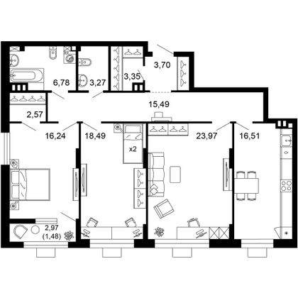 111,8 м², 3-комн. квартира, 2/10 этаж