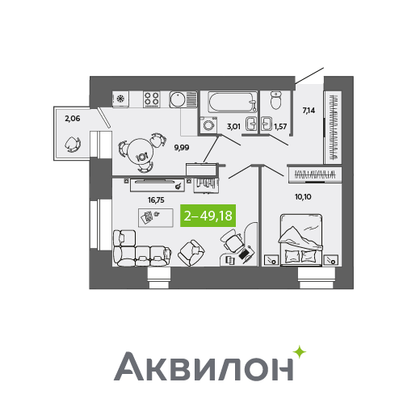 49,2 м², 2-комн. квартира, 3/8 этаж