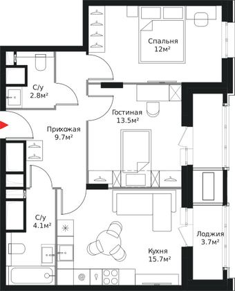 61,5 м², 2-комн. квартира, 12/17 этаж