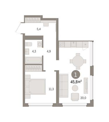 Продажа 1-комнатной квартиры 45,8 м², 2/5 этаж