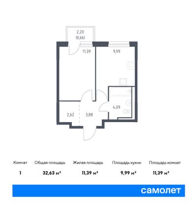 32,6 м², 1-комн. квартира, 2/12 этаж