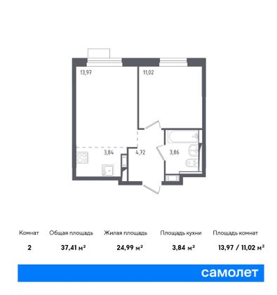 37,4 м², 1-комн. квартира, 3/12 этаж