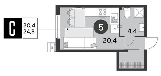 24,8 м², студия, 2/18 этаж