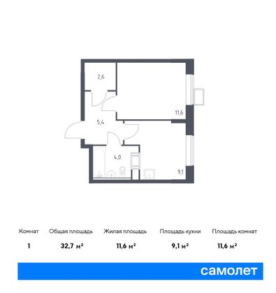 32,7 м², 1-комн. квартира, 9/16 этаж