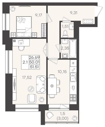 51,5 м², 2-комн. квартира, 5/5 этаж