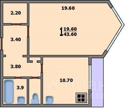 Продажа 1-комнатной квартиры 43,9 м², 9/17 этаж