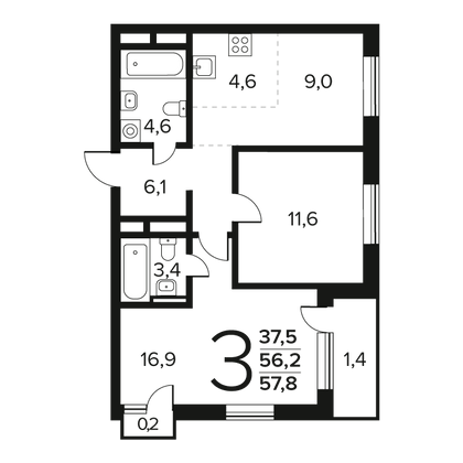 Продажа 3-комнатной квартиры 57,8 м², 9/9 этаж