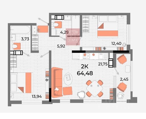 Продажа 2-комнатной квартиры 64,5 м², 5/13 этаж