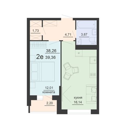 Продажа 2-комнатной квартиры 39,4 м², 12/20 этаж