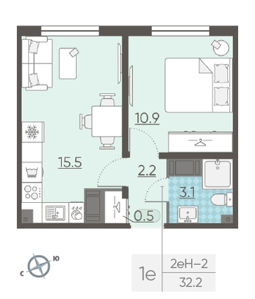 Продажа 1-комнатной квартиры 32,2 м², 2/23 этаж
