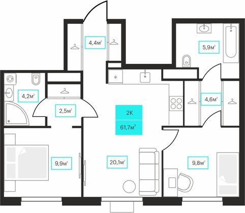 61,7 м², 2-комн. квартира, 14/23 этаж