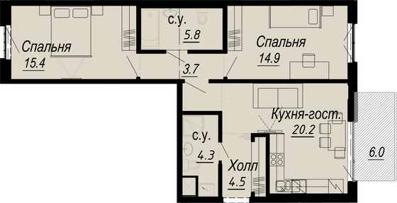 71,8 м², 2-комн. квартира, 4/8 этаж