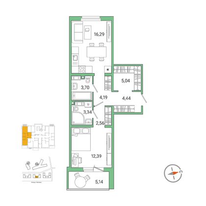 55,5 м², 1-комн. квартира, 1/9 этаж