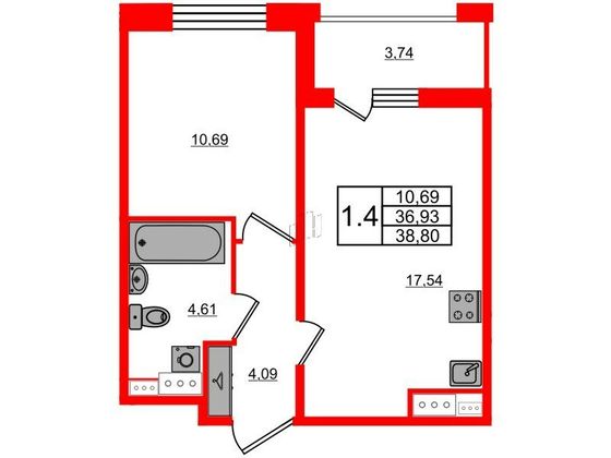 Продажа 1-комнатной квартиры 36,9 м², 9/12 этаж