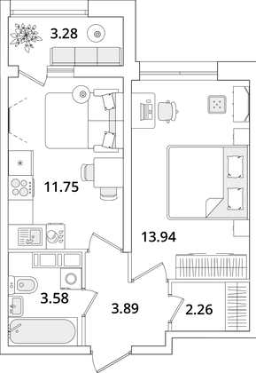 37,1 м², 1-комн. квартира, 16/22 этаж