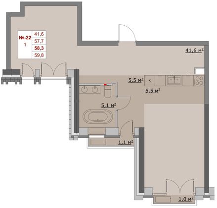 58,3 м², 1-комн. квартира, 2/6 этаж