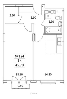 45,7 м², 1-комн. квартира, 9/11 этаж